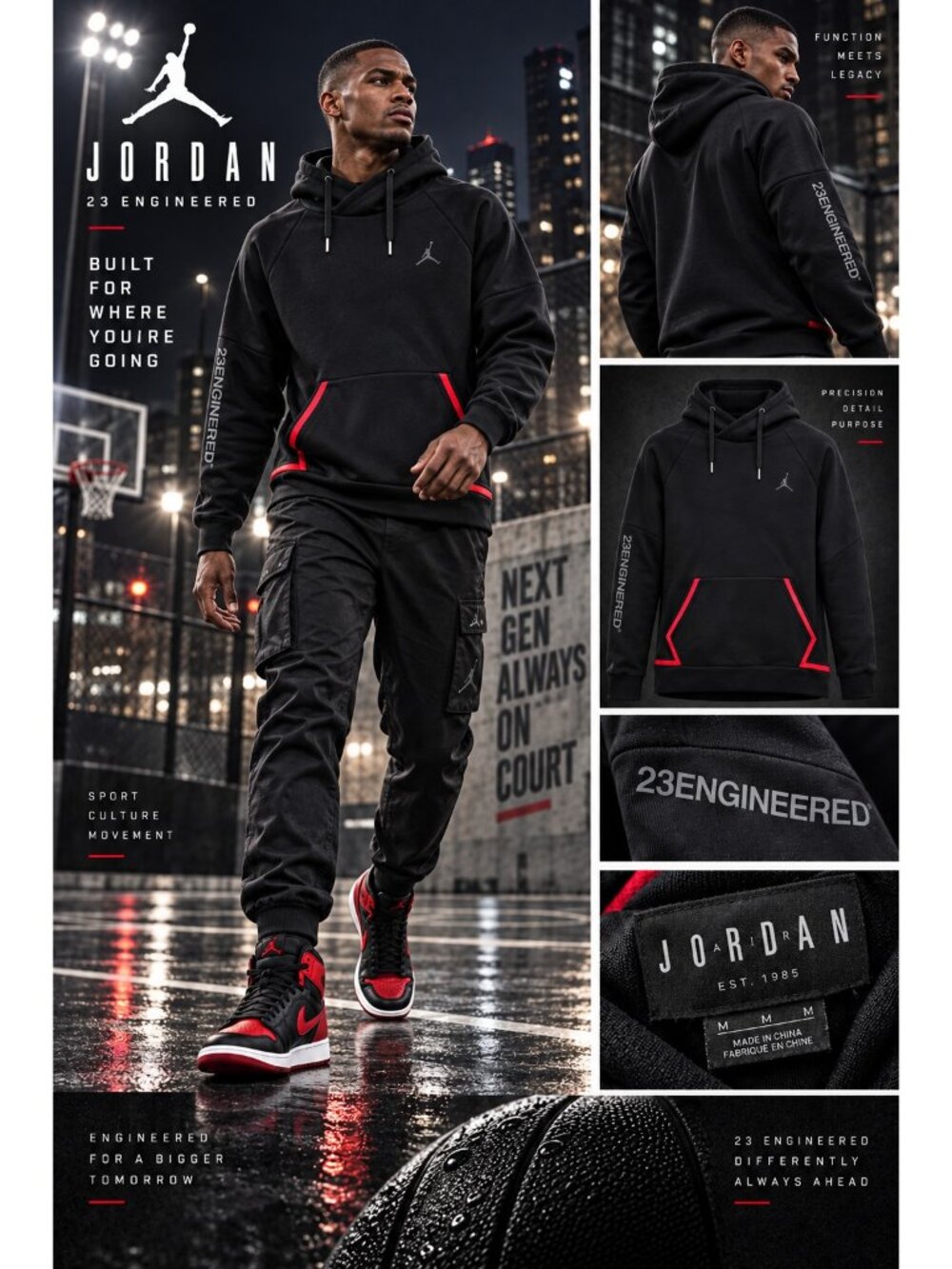 Jordan 23 Engineered Men’s M Black Pullover Hoodie Jumpman Red Trim Tech Fleece